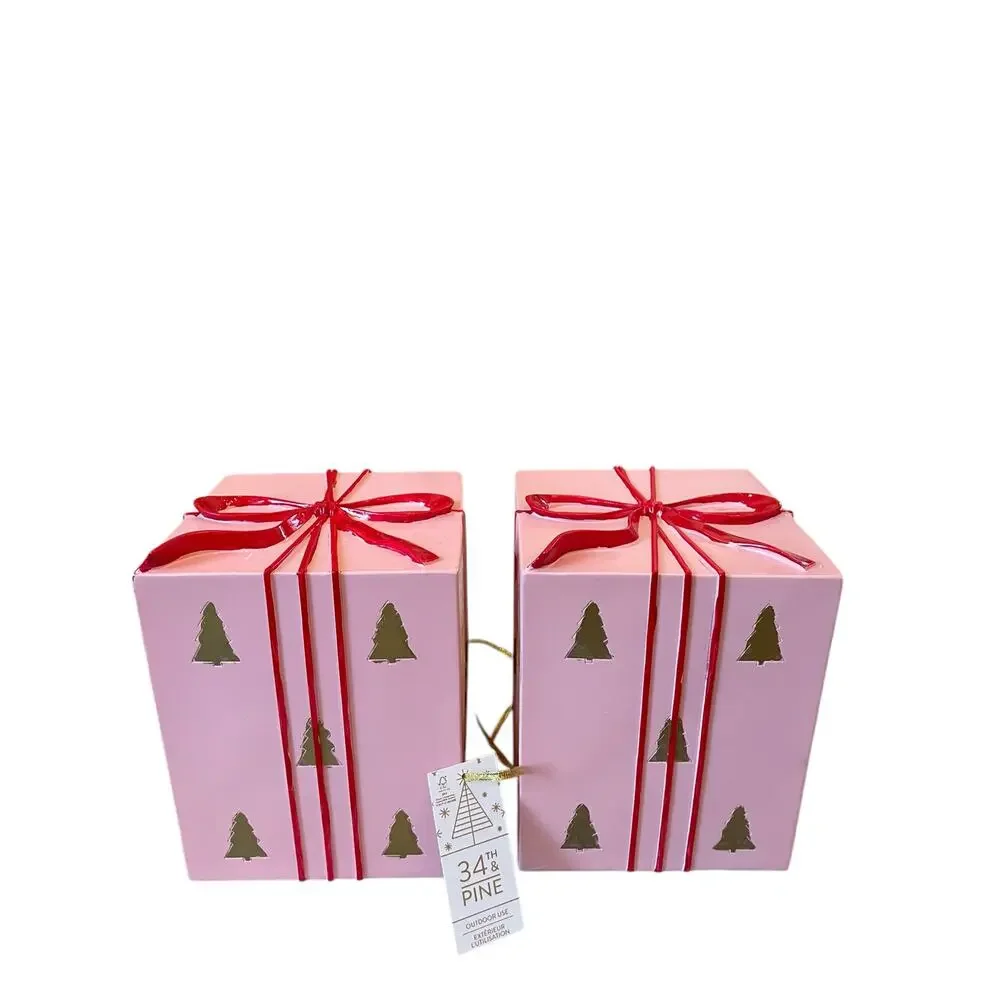 34th & Pine Pink Christmas Present Red Bow Outdoor Safe Holiday Decor New
